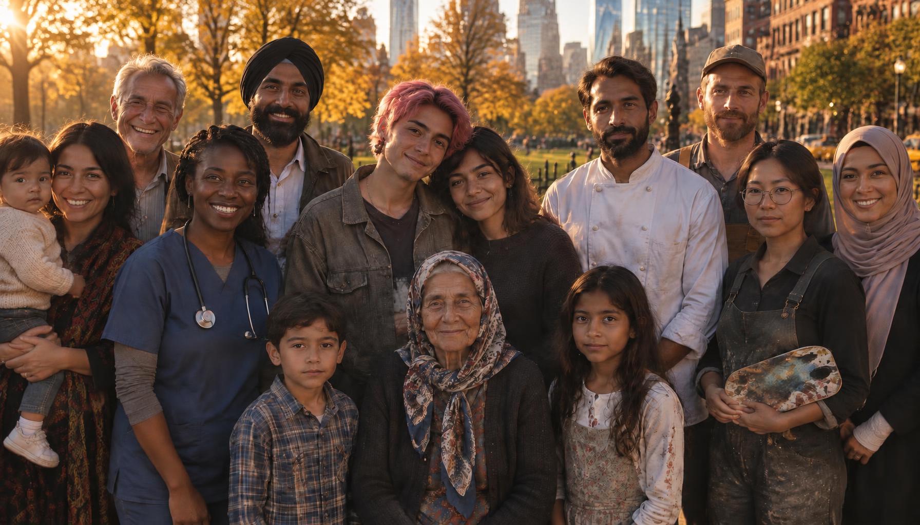 A diverse multi-generational crowd of all ages and backgrounds standing together on a New York street in front of a park, looking forward