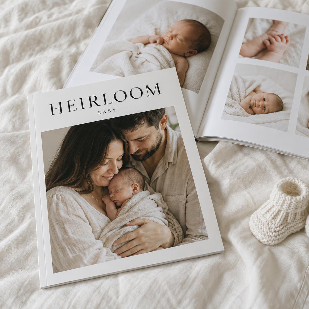 White HEIRLOOM baby magazine featuring parents holding their newborn