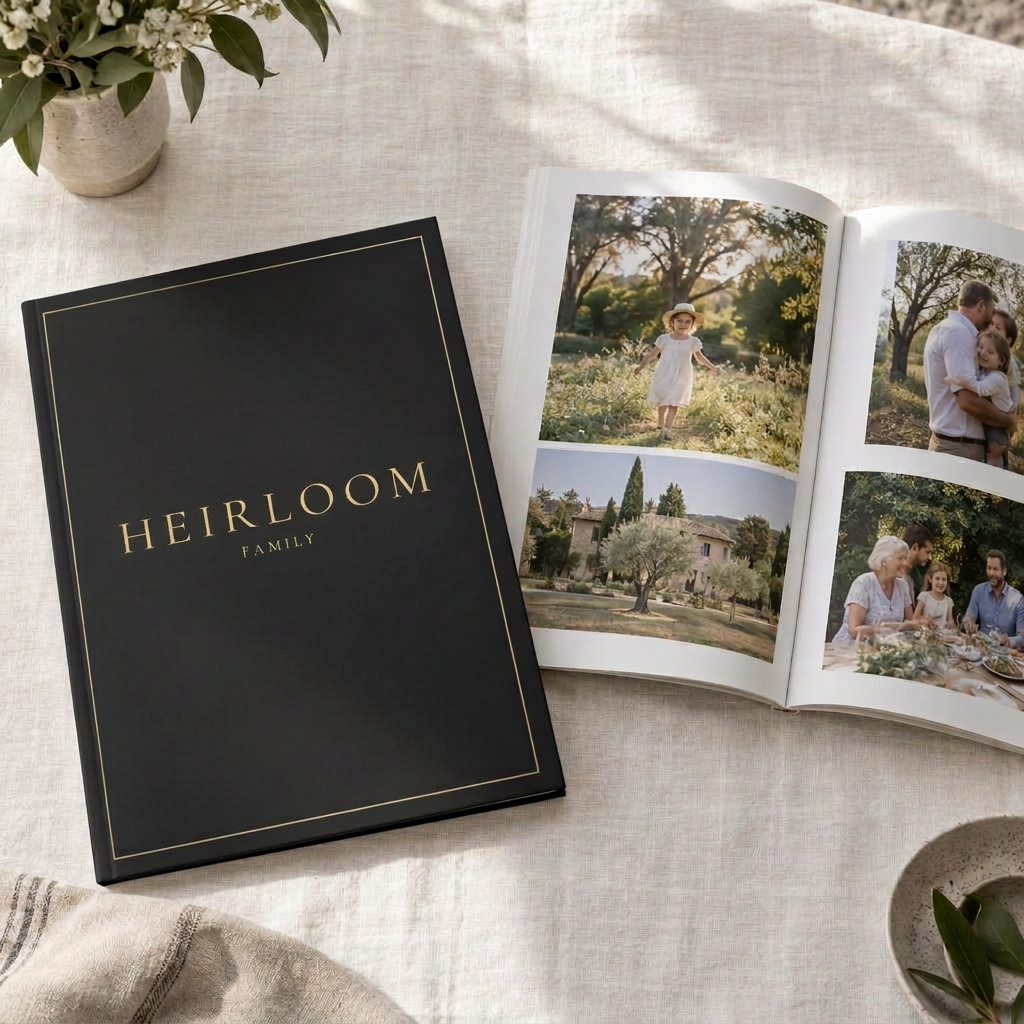 White HEIRLOOM family magazine and open pages combining family portraits and personal memories