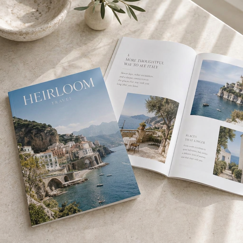 HEIRLOOM travel magazine with a full-cover Italian coast photograph and open spread