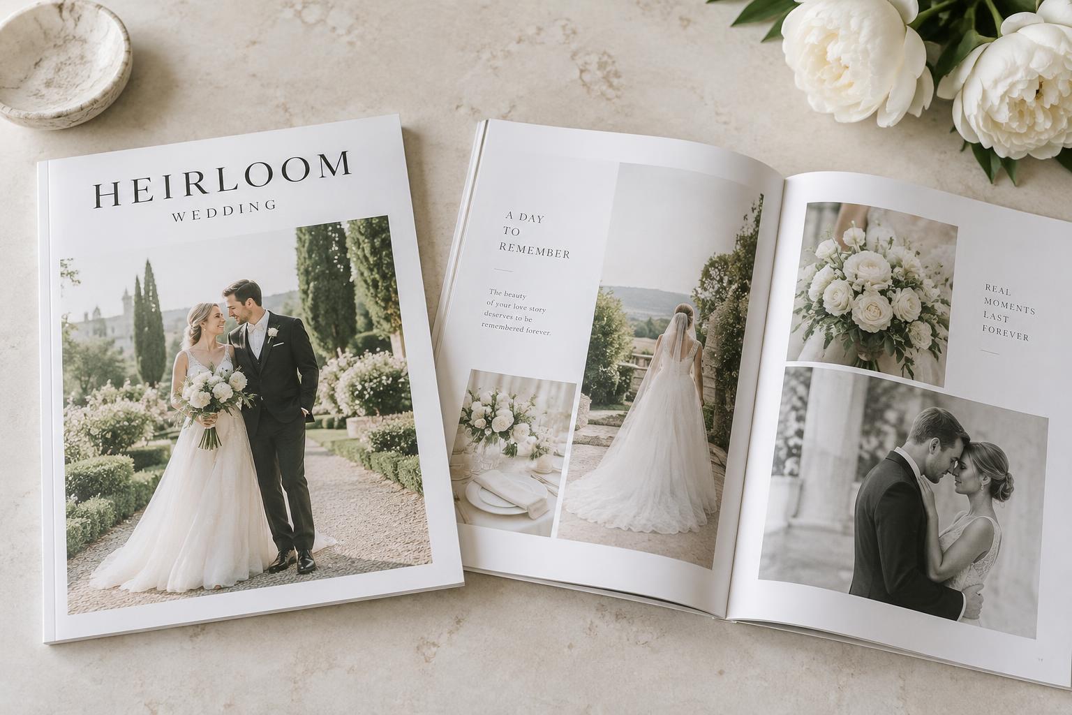 White HEIRLOOM wedding magazine beside an open wedding spread on a pale stone table