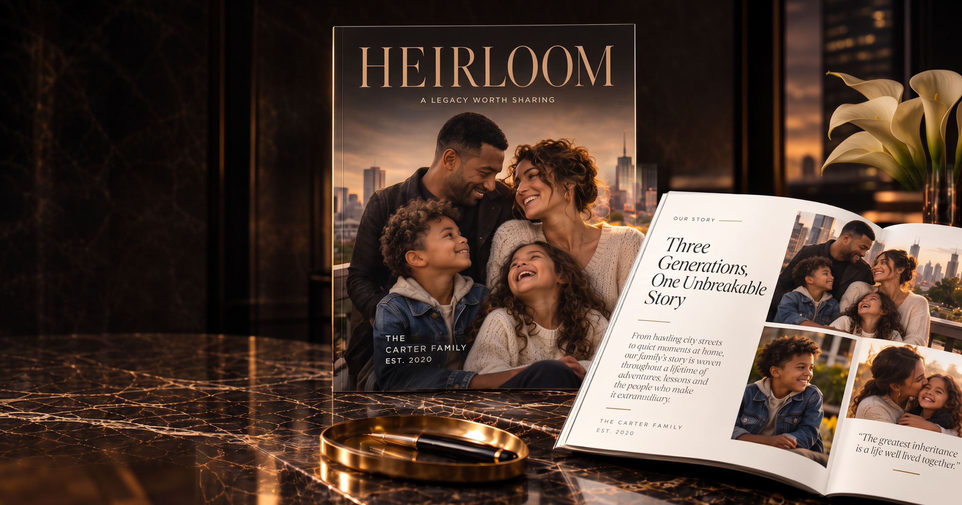 A black HEIRLOOM magazine standing on a marble table beside an open family spread, with a golden-hour city skyline beyond the windows